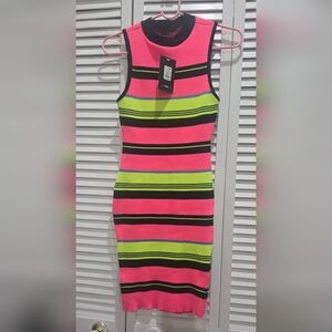 Fashion Nova Neon Pink and Yellow Bodycon Midi Dress